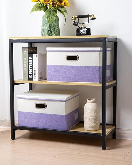 PRANDOM Large Foldable Storage Bins with Lids [3-Pack] linen Fabric Decorative Storage Boxes Organizer Containers Baskets Cube with Handles Divider for Bedroom Closet Purple&Cream(17.7x11.8x11.8)