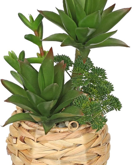 10" Large Succulents Plants Artificial in Wooden Pots, Fake Succulents in Woven Pots, Faux Succulent Artificial Plants Indoor for Home, Bedroom, Living Room, Bathroom Desk Shelf Table Decor