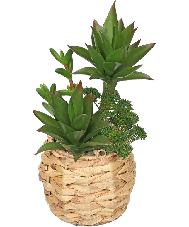 10" Large Succulents Plants Artificial in Wooden Pots, Fake Succulents in Woven Pots, Faux Succulent Artificial Plants Indoor for Home, Bedroom, Living Room, Bathroom Desk Shelf Table Decor