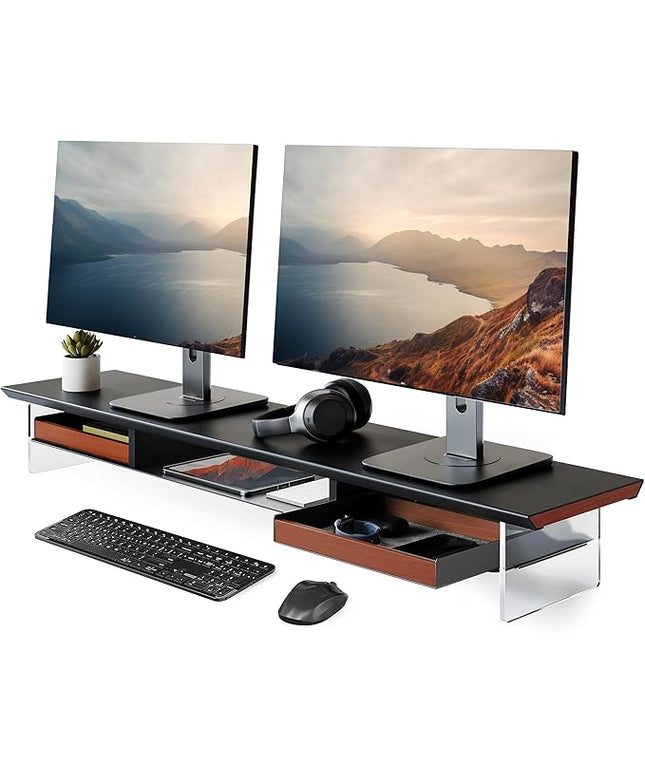 Fenge Dual Monitor Stand with Drawer, 42.5 Inch Large Monitor Riser with Acrylic Legs Supports, Computer Stand for Desk, 2 Tier Wood Desk Shelf with Storage Organizer for PC, Laptop, Printer, TV
