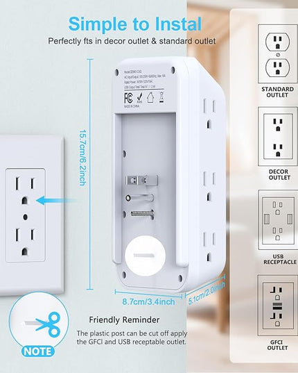 Outlet Extender Wall Charger with Multi Plug Adapter 9 AC Outlets 4 USB Charging Ports 1875W 1050J Surge Protector Power Strip Spaced Splitter for Home, Travel, Dorm Room Essentials