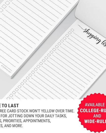 321Done 2-Pack Slim Shopping List Notepad, Made in USA - 3.7x8.5, College Ruled, Minimalist Stylish Handheld Grocery List, Store, Market, Pad for Planning, Organizing, Meal Prep - 50 Sheets per Pad