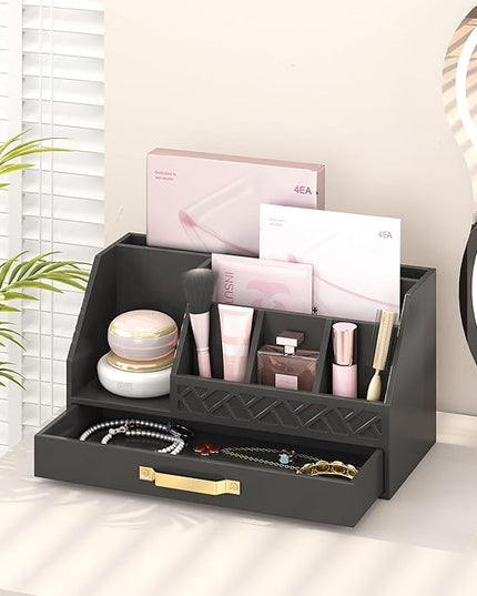 Wisuce Essentials Bamboo Desk Organizer with Drawers, Mail Organizer Countertop Wood Desk Drawer Tabletop Storage Organization Pen Holder Letter Sorter Makeup Organizer for School Home Office (Black)