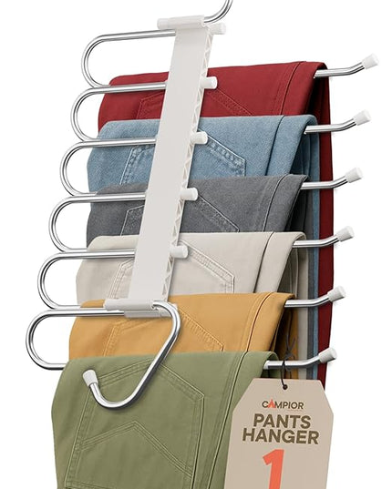 Space Saving Pants Hangers 1 Pack, 6 Layer Jeans Hangers and Closet Organizer for Jeans, Scarves, & Skirts, Multi-Layer Hanger with Anti-Slip Stopper, Heavy-Duty S-Type Stainless Steel, White