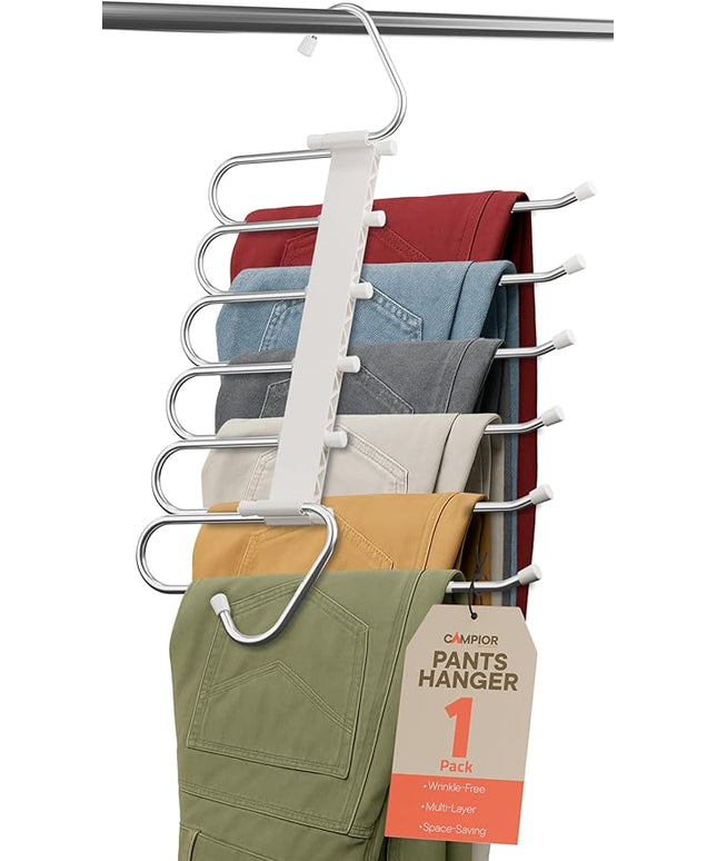 Space Saving Pants Hangers 1 Pack, 6 Layer Jeans Hangers and Closet Organizer for Jeans, Scarves, & Skirts, Multi-Layer Hanger with Anti-Slip Stopper, Heavy-Duty S-Type Stainless Steel, White
