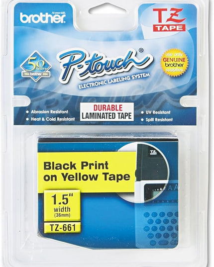 Brother Genuine P-Touch TZE-661 Tape, 1 1/2" (36 mm) Standard Laminated P-Touch Tape, Black on Yellow, for Indoor or Outdoor Use, Water-Resistant, 26.2 ft (8 m), Single-Pack
