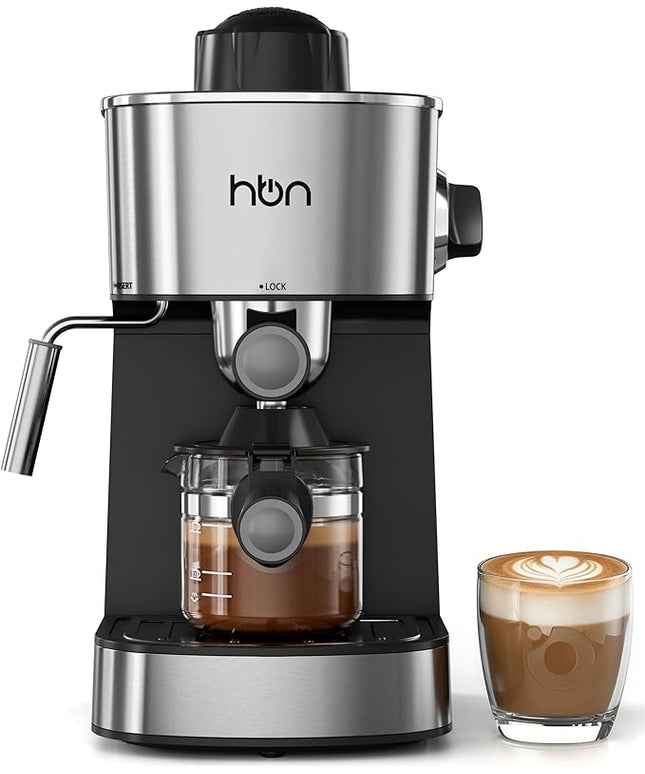 HBN Espresso Machine, 3.5Bar Cappuccino & Latte Maker, 2-4 Cup Stainless Steel Coffee Machine with Milk Frother, 800W Espresso Machine Maker with Steamer, Compact Coffee Maker for Home and Office
