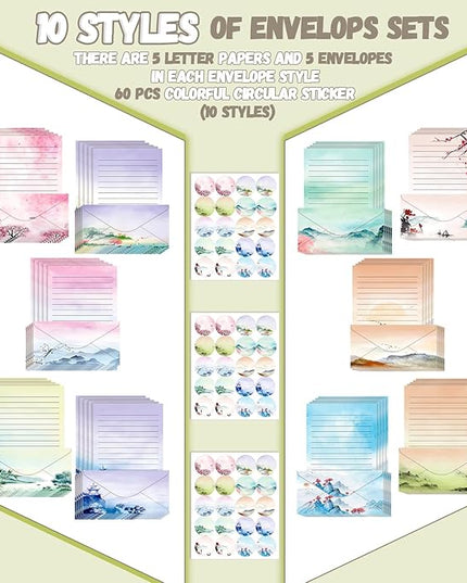 TaoBary 160 Pcs Stationery Paper Set 50 Double Sided Stationery Papers with 50 Matching Envelopes and 60 Round Dot Sticker, 10 Design(Ink Painting,8.5 x 11 Inch)