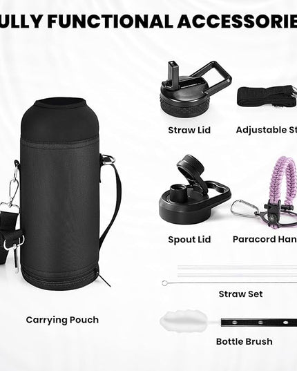 Insulated Water Bottle 40 oz, Triple Wall Vacuum Stainless Steel (Cold for 48 Hrs), Leak Proof & Non-BPA, Modern Water Flask Jug with Paracord Handle & Straw Spout Lids, Lilac