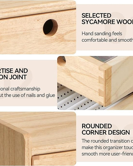 KIRIGEN Desk Organizer with 3 Drawers - Wood Drawer Storage Box with Trays for Tabletop - Workspace Office Toiletries Supplies Tool Caddy - Wooden Storage Cabinet Natural（DT1D3C-NA）