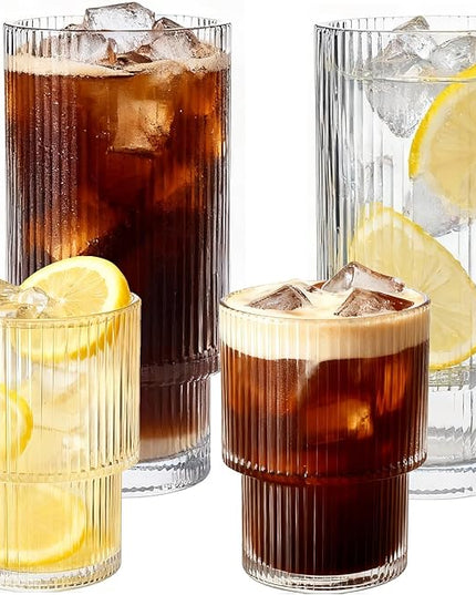 Ribbed Drinking Glasses Set of 4, Stackable Cute Kitchen Glasses Cups 16oz and 7oz Iced Coffee Glasses cocktail Glass cup for Water, Beverage, Whiskey