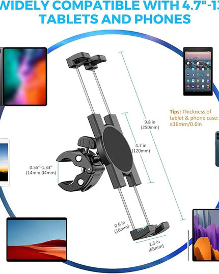 KDD Spin Bike Tablet Holder Mount, Phone iPad Holder Stand Exercise Bike Handlebar Mount for Stationary Bicycle, Treadmill, Microphone Stand, Fit for iPad Pro 12.9, Galaxy Tabs, iPhone(4.7-13”)