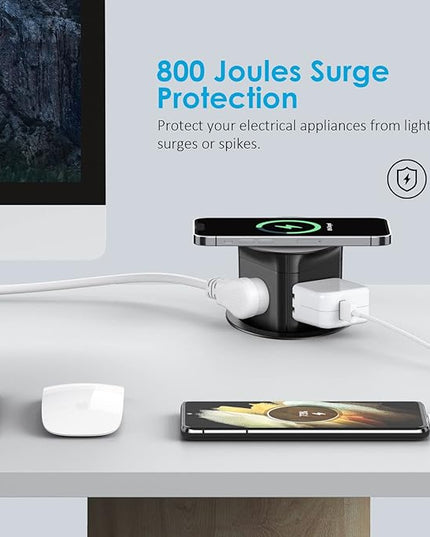 Jgstkcity Pop Up Outlet with 15W Wireless Charger,4 Outlets 15A, Splash Resistant,3 inch Desk Hole Power Grommet,Space Saver Outlet for Kitchen Countertop,Office Conference Table,ETL Listed (Black)