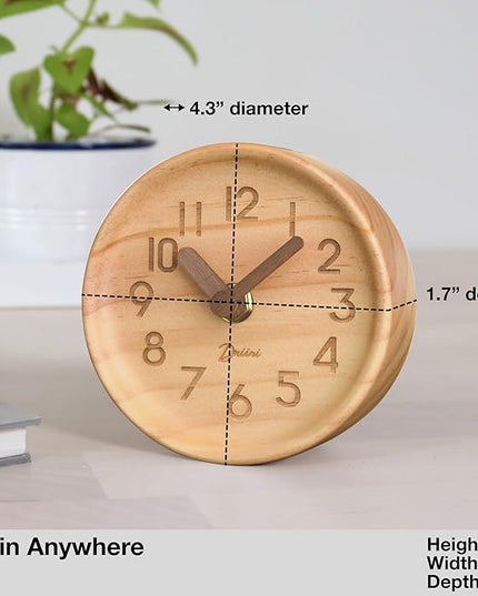 Driini Wooden Analog Desktop Clock – 4.3 in. Decorative Pinewood, No-Tick Design – Easy to Read Silent Sweep Mantle Clock – Quiet Tabletop Clocks with Wood Body, Hands, & Battery Cover; Light