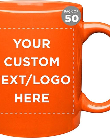 Custom Ceramic Coffee Mugs 11 oz. Set of 50, Personalized Bulk Pack - Coffee cup set, Iced coffee cup, Gaming mug - Orange