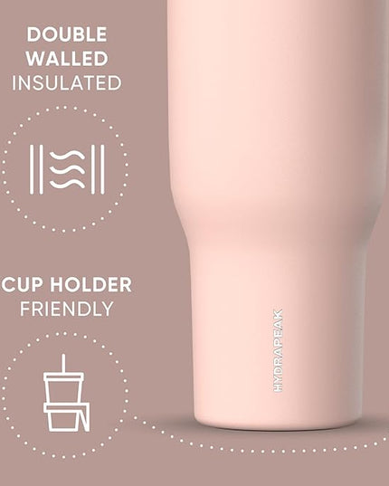 Hydrapeak Voyager 40 Oz Stainless Steel Tumbler with Handle, Insulated Water Bottle With Straw & Lid, Cupholder Friendly Reusable Travel Mug (Peony)