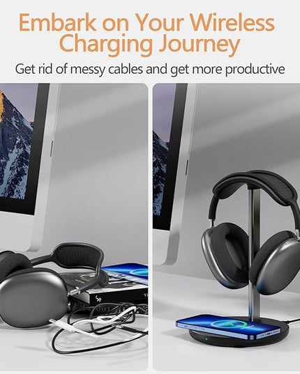 Headphone Stand with Wireless Charger, Gaming Headset Holder Hanger Rack 2 IN 1 Wireless Charging Station Dock for iPhone 15/14/13/12/11 Series, Samsung, AirPods Pro/3/2 and Desk All Headphones, Black