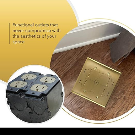 SLFB-2G-TR20-BR 20A Receptacle Outlets, Tamper Resistant Electrical Floor Box with Flip Lid and Brass Cover, Retractable Recessed Socket for Kitchen, Countertops & Floors