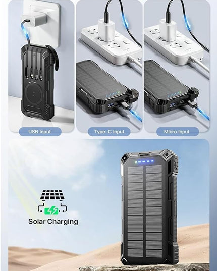 Power Bank 49800mAh Solar Portable Charger Wireless Charging USB-C 15W Fast Charging with 4 Built-in Cables LED Flashlight Battery Pack Compatible with iPhone, iPad, Perfect for Camping,Hiking