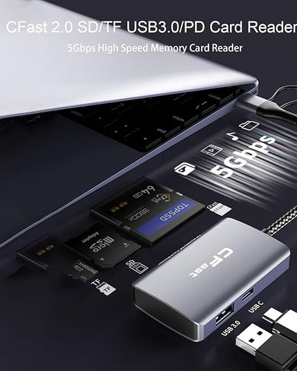 CFast Card Reader, 5 in 2 CFast 2.0 SD/TF Memory Card Reader, 5Gbps PD/USB 3.2 Gen 1 Adapter with USB C/USB A Cable Compatible with Windows/Mac/Linux/Android (5 in 2)