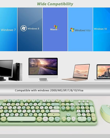 Wireless Keyboard and Mouse Combo, Cute Colorful 104-Key Typewriter Retro Round Keycaps Keyboard for PC Laptop,Windows,Desktop,Perfer for Home and Office Keyboards (Green)