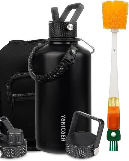 Insulated Water Bottle 87oz,Triple Wall Vacuum Stainless Steel(Dishwasher Safe),Leak Proof & Non-BPA,Flask Jug with Paracord Handle & Straw Spout Lids Sports Black