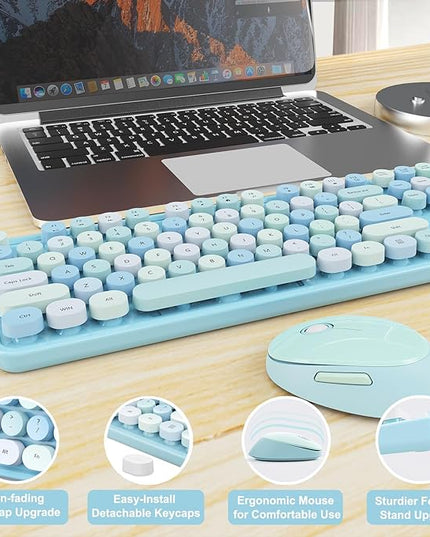 Wireless Keyboard and Mouse Combo, Ergonomic Full Size Typewriter Retro Round Keycaps Keyboard, Compatible with Windows, PC, Perfer for Home and Office Keyboards (Blue