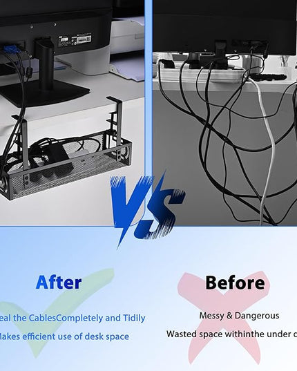 Under Desk Cable Management Tray Small – Clamp-Mounted Wire Organizer & Cord Management Under Desk Rack, No-Drill Metal Cable Organizer for Home Office (Black)