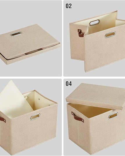17" Large Collapsible Storage Bins with Lids, Stackable Closet Organizers with PU Handle and Labels, 3-Pack Decorative Fabric Storage Boxes for Home, Bedroom, Closet, Office, Nursery(Khaki)