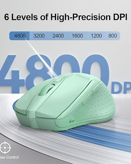 TECKNET Wireless Mouse (2.4G & BT5.0/3.0) Silent 4800 DPI Computer USB A & Bluetooth Mouse 6 Buttons, Wide Compatibility - Green