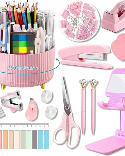 Office Supplies,Desk Accessories,with Stapler,Tape Dispenser,Staple Remover,Scissor,Ballpoint Pen,Sticky Notes,Clear Tape,Staples,Desk Organizer,Phone Stand,Binder,Index Tabs,Best gift set(Pink)