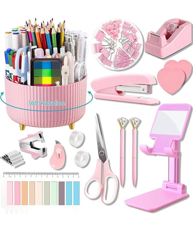 Office Supplies,Desk Accessories,with Stapler,Tape Dispenser,Staple Remover,Scissor,Ballpoint Pen,Sticky Notes,Clear Tape,Staples,Desk Organizer,Phone Stand,Binder,Index Tabs,Best gift set(Pink)