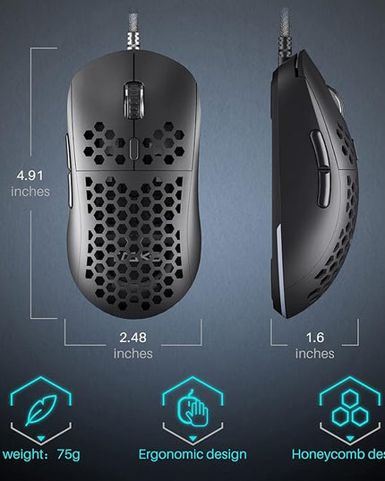 DIERYA M1SE Wired Gaming Mouse with Honeycomb Shell, 12800DPI Optical Sensor, 6 Programmable Macros, Software Support for Custom Key Config, and RGB Settings for Windows 7/8/10/XP, Vista, Linux-Black