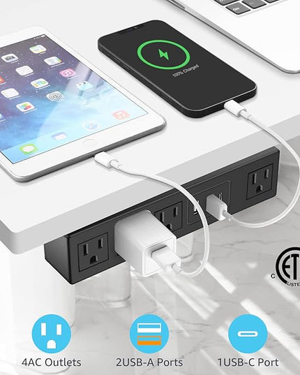 HHSOET Under Desk Power Strip with 3M Adhesive, Removable Under Desktop Mount Plug with Fast Charging USB C and USB A Ports, 4 Outlet Under Table Surge Protector 1200J, 6FT Extension Cord. (Black)