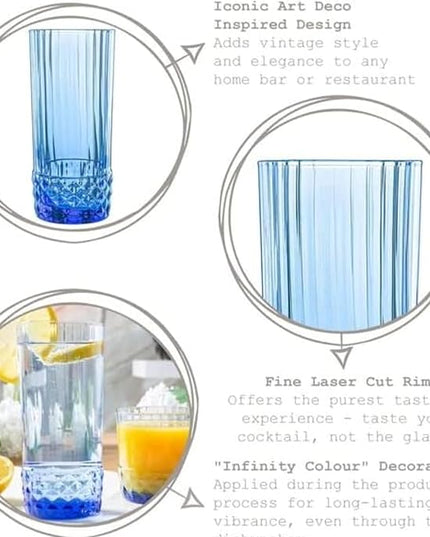 Bormioli Rocco America '20s Set Of 6 Cooler Glasses, 16.5 Oz. Colored Crystal Glass, Sapphire Blue, Made in Italy.