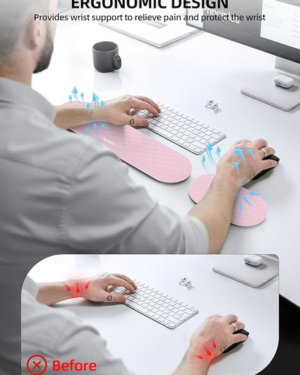 TopMade Upgraded Wider Wrist Rest Set, Soft Memory Foam Keyboard Hand Rest Pad, Computer Ergonomic Keyboard Mouse Wrist Support for Typing Pain Relief, Comfort for Office, Gaming, Study, Pink