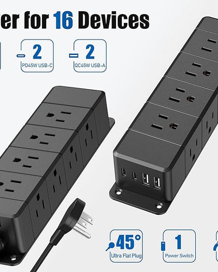 45W USB-C Fast Charging Under Desk Power Strip,12 Outlet Mountable Power Strip with 4 USB,1200J Surge Protection,6FT Flat Extension Cord Black