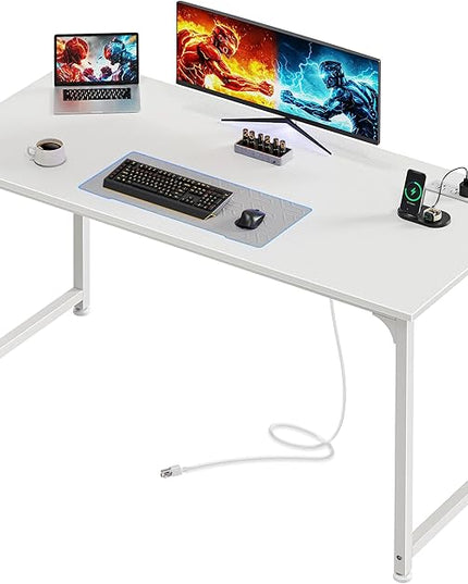 PRAISUN 47 X 20 Inch Office Computer Desk with Power Outlets and USB-C Port, Larger Gaming Desk, for Home Office, Study, Bedroom, Writing Work from Home Table, Metal Frame, White