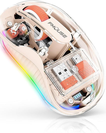 Beautiful Transparent Wireless Mouse, Dual Bluetooth & 2.4GHz for Multi Device, USB-C Receiver Ideal for MacBook/Laptops, Rechargeable, Cool LED, Quiet Clicks, for Girls and Female - Cream
