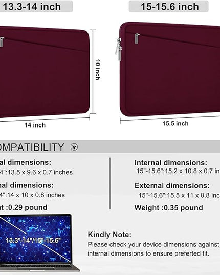Laptop Sleeve 15.6 inch, Durable Computer Carrying Bag Protective Case Briefcase Handbag with Front Pocket, Slim Laptop Cover for 15.6 Inch HP, Dell, Lenovo, Asus, Notebook, Wine Red