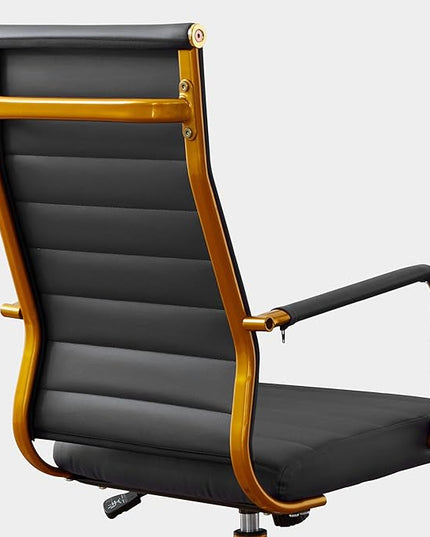 Livinia Modern Executive Office Desk Chair, Chrome & Leather Conference Room Swivel Chairs with Ribbed High Back, Adjustable Height, Removable Armrest, and Wheels for Home Office (Black(Gold))