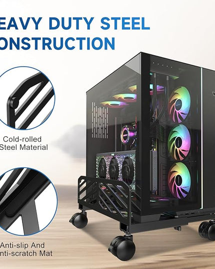 Suptek Computer Tower Stand,7.28 to 11.81 inch Wide Adjustable CPU Steel Rolling Stand,Under Desk or Floor Mobile CPU Stand Holder with Locking Caster Wheels,Gaming PC Holder, Black