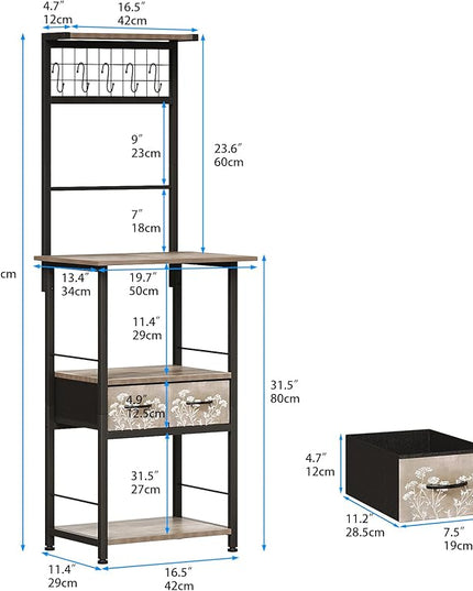 GiftGo Small Coffee Bar Station Narrow Corner Baker Rack Stand with 2 Storage Fabric Drawers 5 S Hooks for Small Spaces Farmhouse Bakers Rack for Kitchen, Entryway, Living Room (Grey, Narrow)