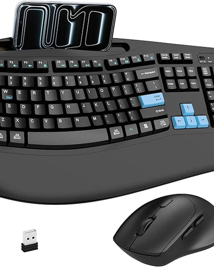 Wireless Keyboard and Mouse Combo, 2.4G Full Size Wave Keys Ergonomic Keyboard with Wrist Rest, Phone Holder, 3-Level DPI Wireless Silent Mouse with 6-Buttons, for Windows, Mac OS, Laptop (Blue Black)