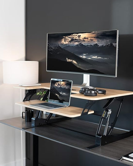 VIVO 42 inch Height Adjustable Stand Up Desk Converter, V Series, Quick Sit to Stand Tabletop Dual Monitor Riser Workstation, Light Wood Top, Black Frame, DESK-V000VLO