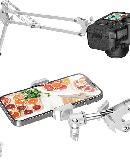 Overhead Camera Mount, 5lb Horizontal Load-Bearing, 360° Adjustable Stand for Desk, Flexible Arm Desk Mount, with Phone Clamp, Tabletop Mount for DSLR Camera/Webcam/Microphone（White