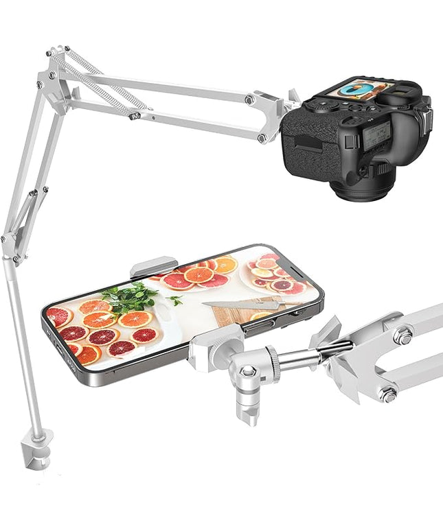 Overhead Camera Mount, 5lb Horizontal Load-Bearing, 360° Adjustable Stand for Desk, Flexible Arm Desk Mount, with Phone Clamp, Tabletop Mount for DSLR Camera/Webcam/Microphone（White