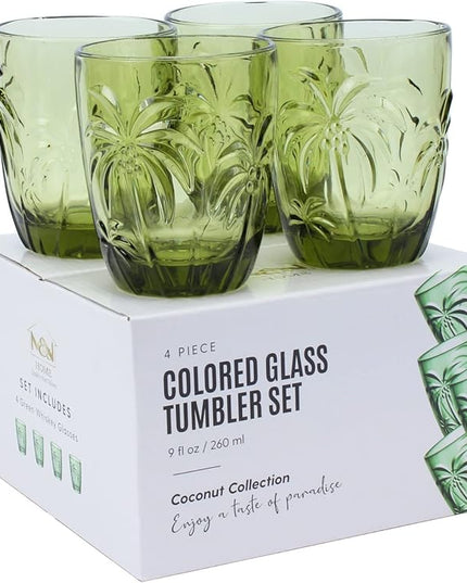 M&N HOME Green Christmas Tumblers, Colored Whiskey Glasses, Set of 4 Colorful Drinking Glasses, 9 Oz Coconut Cups, Glass Cups for Water and Juice, Holiday Glasses Drinkware - GREEN SET