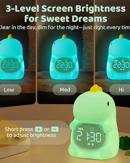 Dinosaurs Alarm Clock with Night Light for Kids with Sleep Training and Sound Machine, Rechargeable Silicone Lamp OK to Wake Clock，Cute Animal Tabletop Lamp, Perfect Sleep Companion for Boys Girls