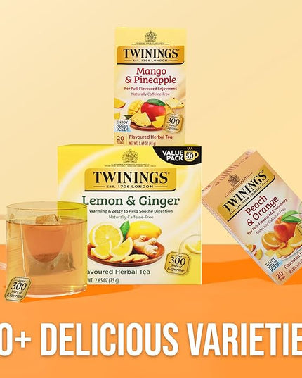 Twinings Mango & Pineapple Herbal Tea Individually Wrapped Bags, 20 Count (Pack of 6), Naturally Caffeine-Free, Enjoy Hot or Iced, 120 Teabags